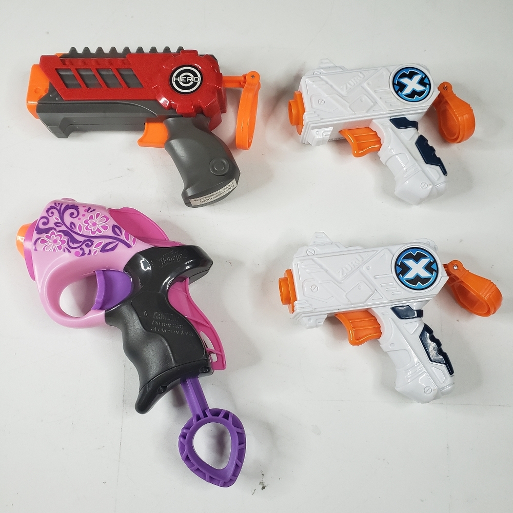 Lot of 4 Nerf/Zuru blasters (X-Shot, Hero, Rebelle) foam dart toy guns